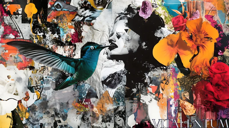 Hummingbird, female portrait and floral collage on abstract field.