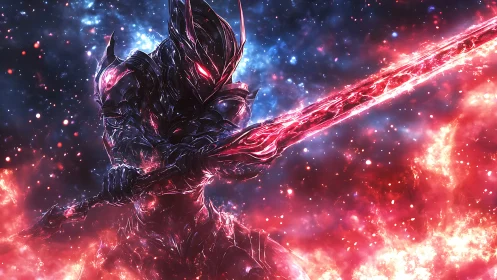 Cosmic void knight unleashes a blazing galactic blade.