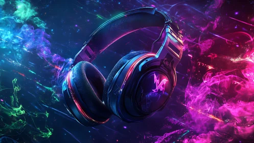 Neon headphones with luminescent vapor effects