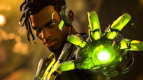 Cyborg subject extends luminous green cybernetic hand forward