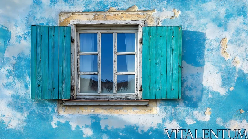 Weathered blue window with turquoise shutters on aged wall.