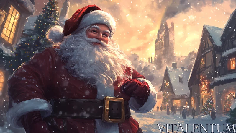 Digital painting of Santa in luminous snowy village street scene.