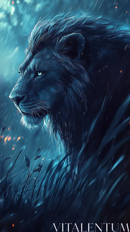 Moonlit lion stalks rain-swept grassland in cobalt glow.