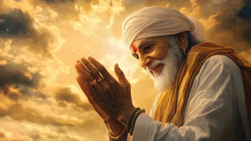 Elderly spiritual man praying under dramatic golden sky.
