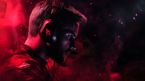 Esports competitor in red-lit headset immersion profile shot.