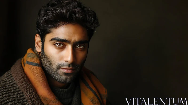 Portrait shows bearded man in warm clothing against dark background