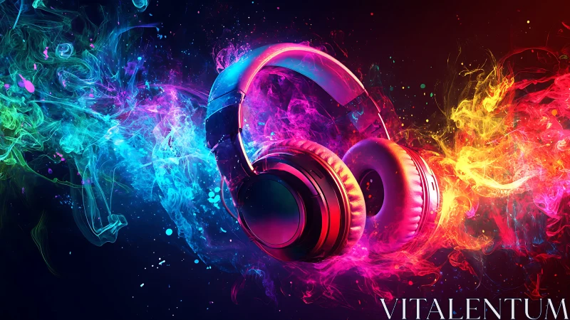 Headphones glow in swirling neon color clouds of vivid sound