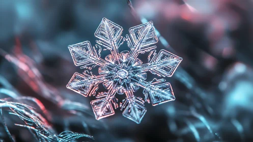 Hexagonal snowflake macro under cyan and magenta bokeh light.