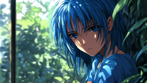 Blue haired anime girl gazes through dappled garden light.
