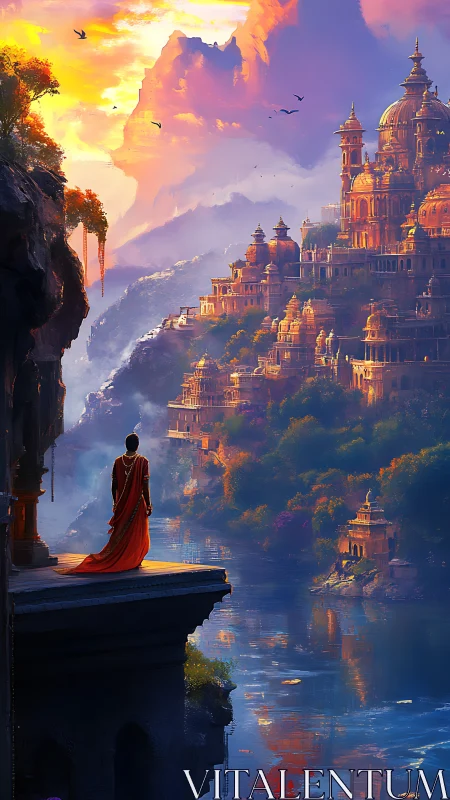 River terrace mystic gazes toward a sunrise palace city.