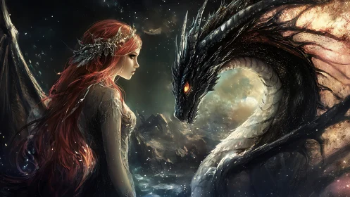 Starborne sorceress facing ember-eyed celestial dragon.