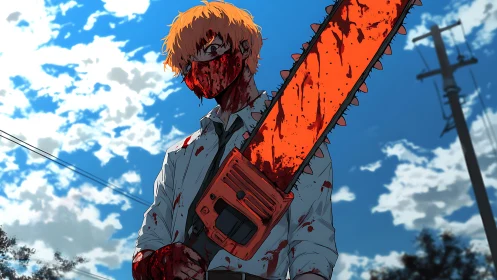 Dynamic low-angle anime illustration of bloodied chainsaw warrior.