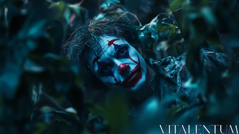 Clown makeup subject partially obscured by dense foliage