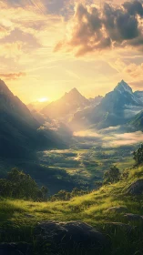 Sunlit valley extends between high mountains at low sunset