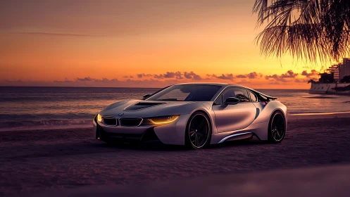 Sleek silver sports car glows against a tranquil beach sunset.