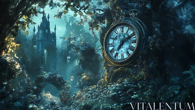 Chronometric ruin integrated with bioluminescent forest canopy.