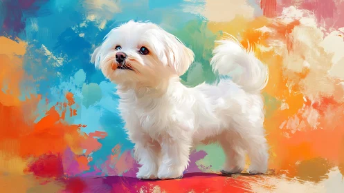 Fluffy white puppy struts through a whirlwind of color.