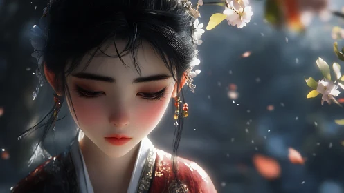 Digital portrait of woman in floral kimono under blossoms.