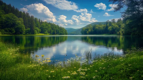Emerald forest lake whispering under cloud-dappled skies.
