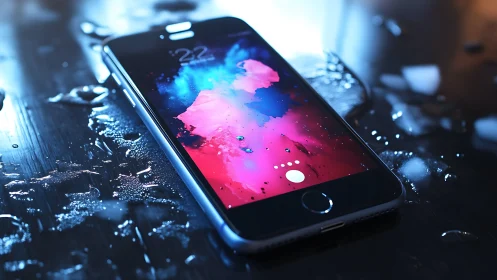 Water-dappled smartphone close-up with neon abstract display.