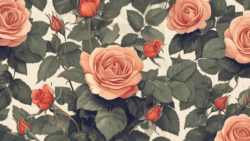 Classical Rose Garden in Blush and Coral Tones with Botanical Foliage