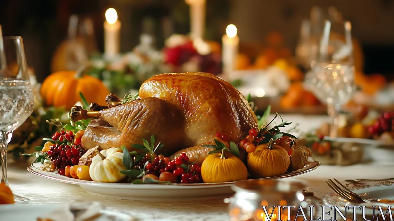 Roasted holiday turkey centerpiece with autumn garnishes.