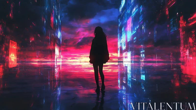 Silhouette in luminous data corridor against neon horizon