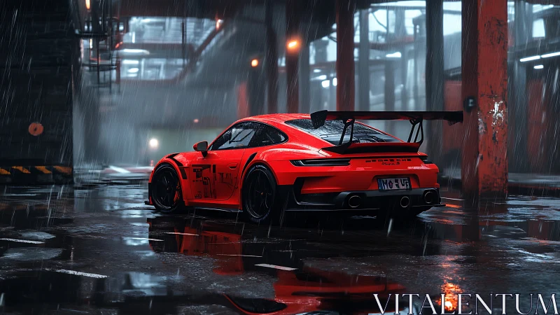 Red widebody track coupe in rainy industrial loading bay
