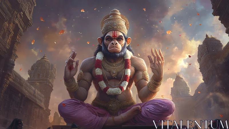 Divine monkey deity in serene temple courtyard at dusk.