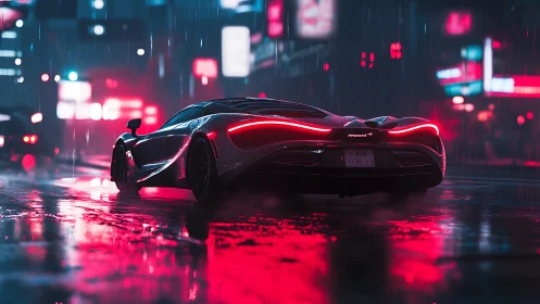 Cyberpunk rain-soaked supercar with neon rim lighting profile.