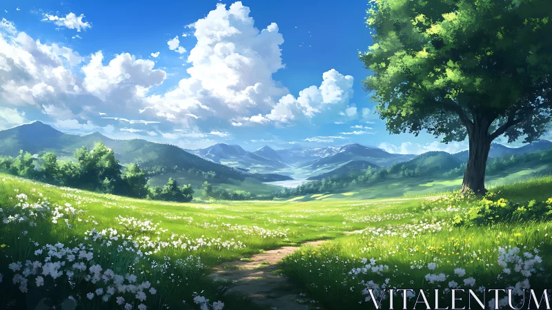 Sunlit alpine meadow rendered in luminous digital landscape art