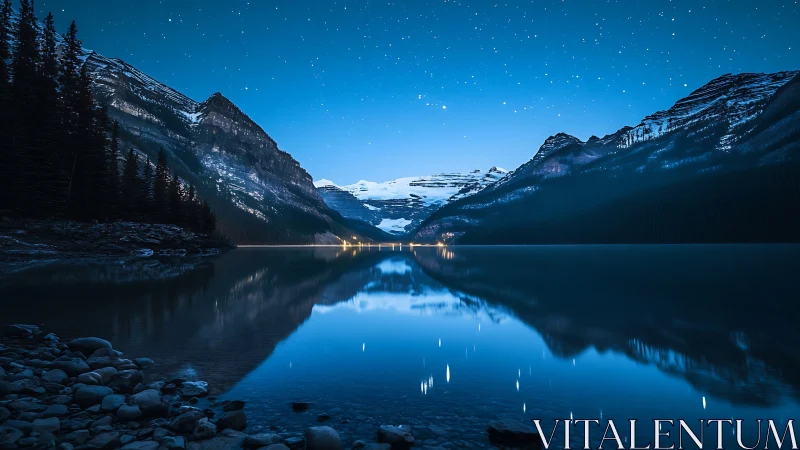 Nighttime alpine lake with starry sky and mountain reflections.