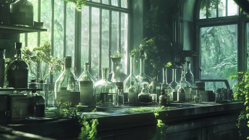 Sunlit glass laboratory with overgrown green plants inside.