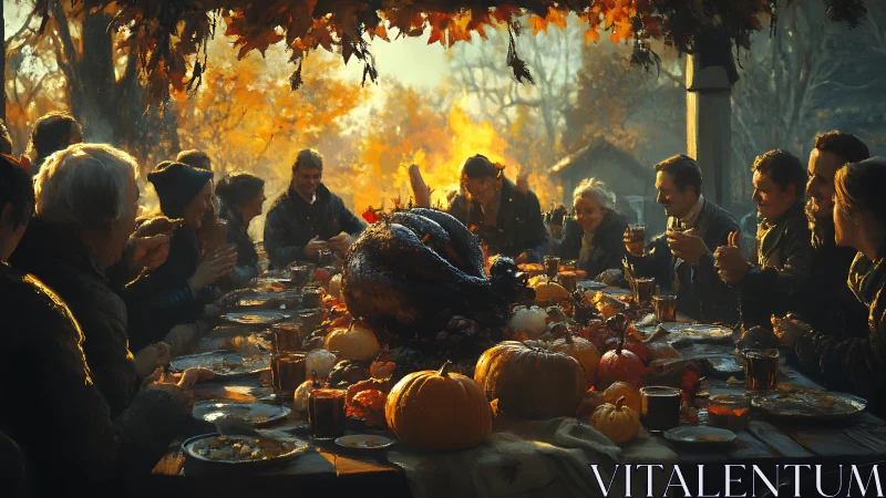 Large family gathers outdoors around autumn feast table.