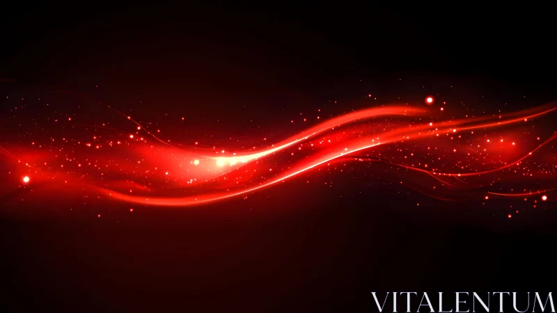 Abstract glowing red light wave with sparkles on dark background.