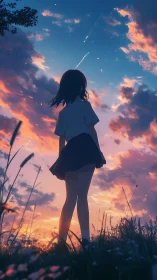 Anime twilight sky study with silhouetted schoolgirl figure.