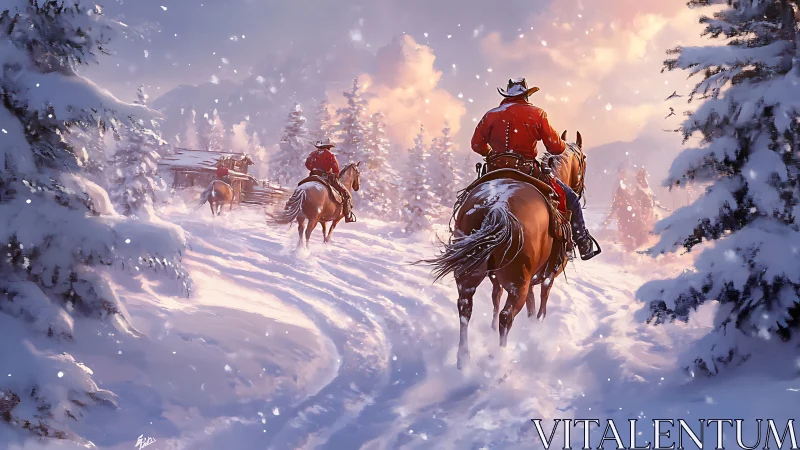 Riders on horseback crossing a snowy forest trail at dusk.