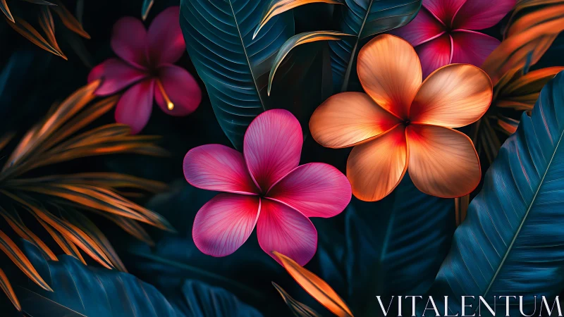 Tropical Plumeria Dance: Vibrant Blooms Against Jeweled Foliage.