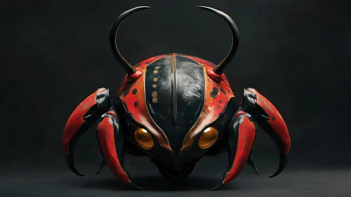Futuristic beetle drone with red armor and golden eyes.