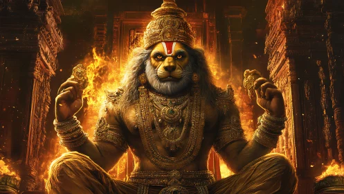 Lion-headed deity seated in ornate burning temple interior.