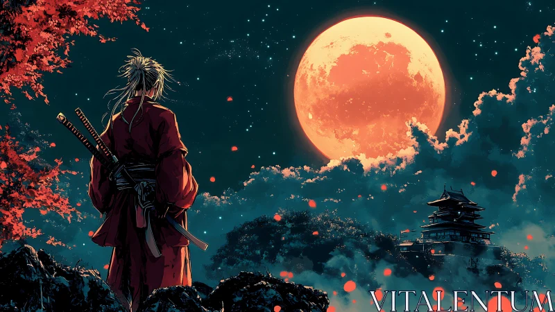 Samurai silhouette under blood moon with cinematic framing.