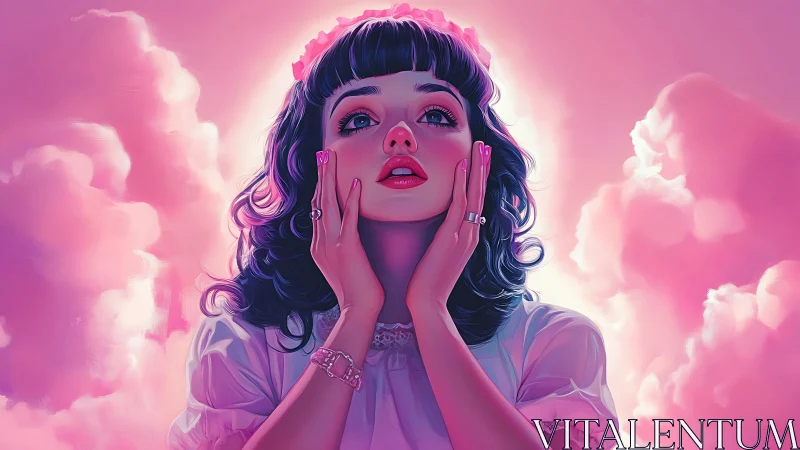 Dreamy pastel portrait of young woman in pink clouds.