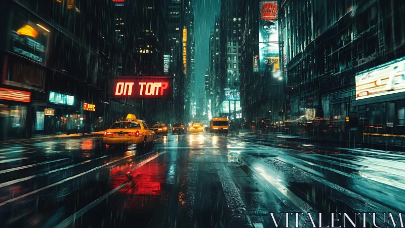 Neon taxis traverse rain‑slicked cyber-noir city boulevard