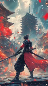 Lone samurai stands before towering pagoda in storm of petals