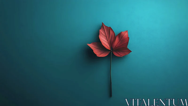 Crimson paper leaf pirouettes alone on deep teal silence