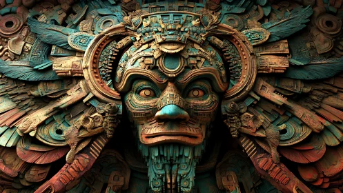 Algorithmically layered techno-aztec mask relief, high detail.