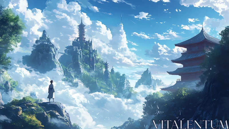 Solitary figure surveys layered temples above dense clouds