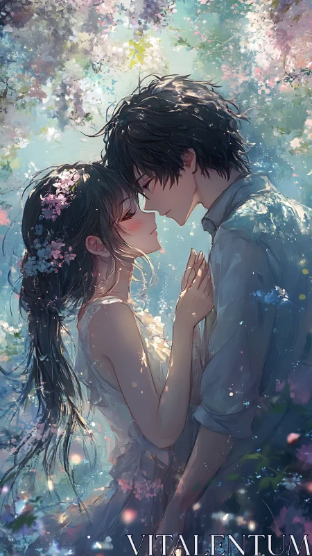 Two figures stand closely under soft filtered floral light