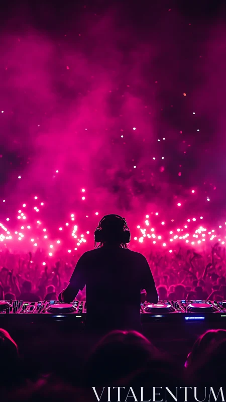 Silhouetted DJ commands a neon pink crowd under festival lights