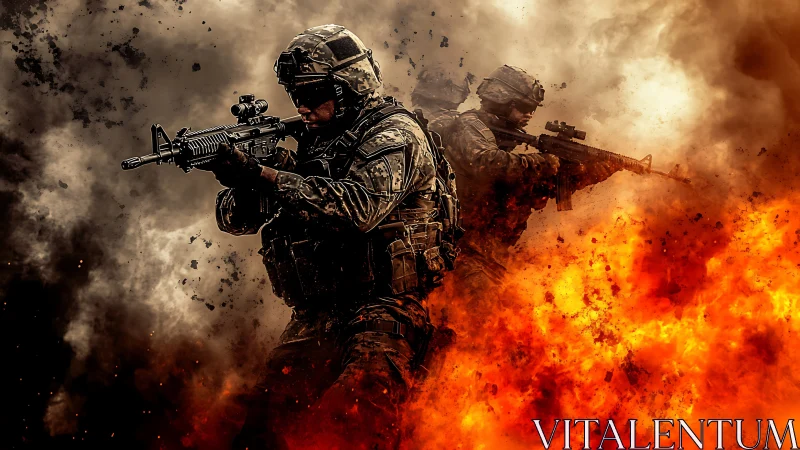 Soldiers advance through explosion with rifles raised in combat